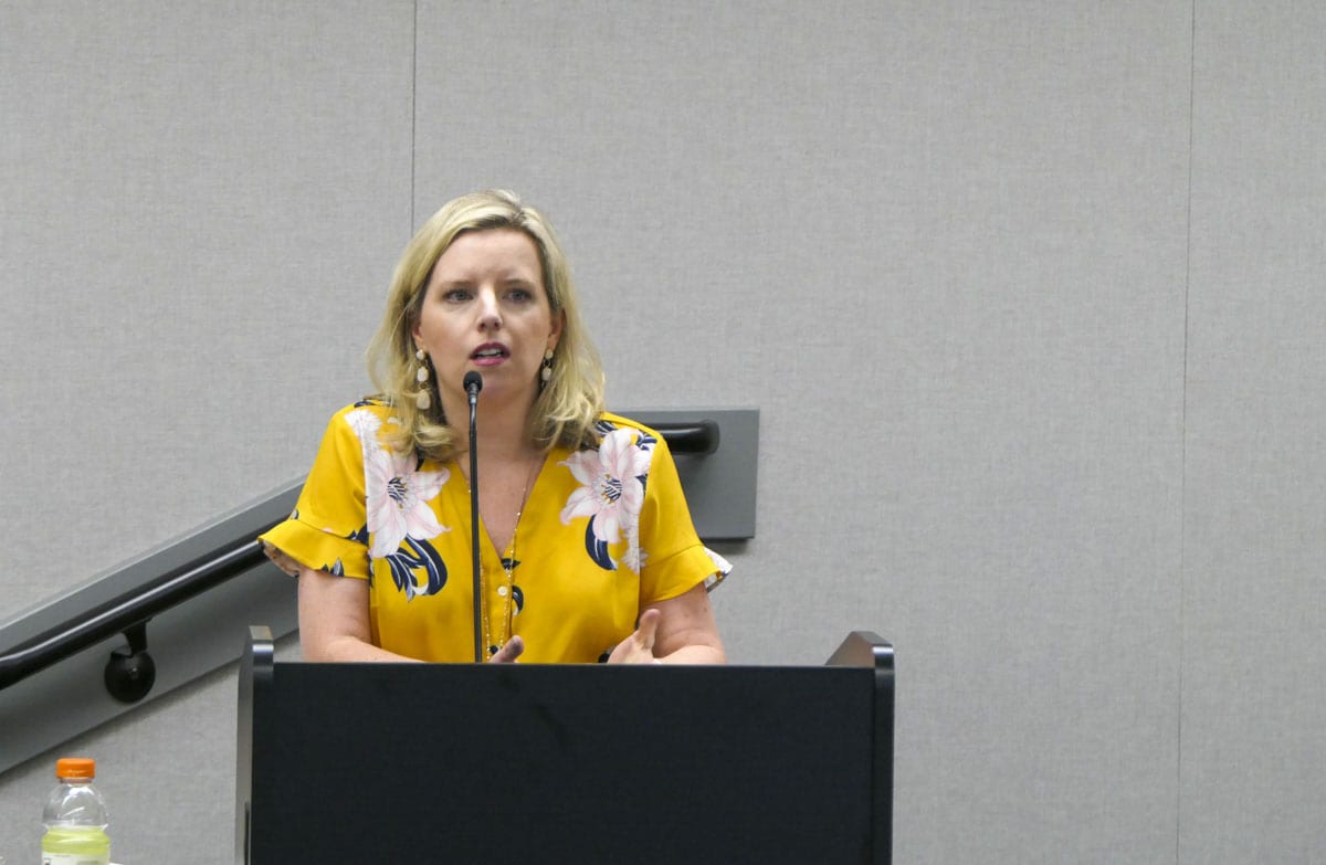 Meagan Hayden, Battle Ground School District chief financial officer, at a public hearing in August, 2019. Photo by Chris Brown
