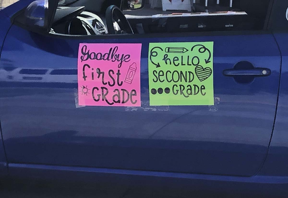A sign on a teacher's car at Union Ridge Elementary's car parade recognizes students' "graduating" to the next grade. Photo courtesy of Ridgefield Public Schools