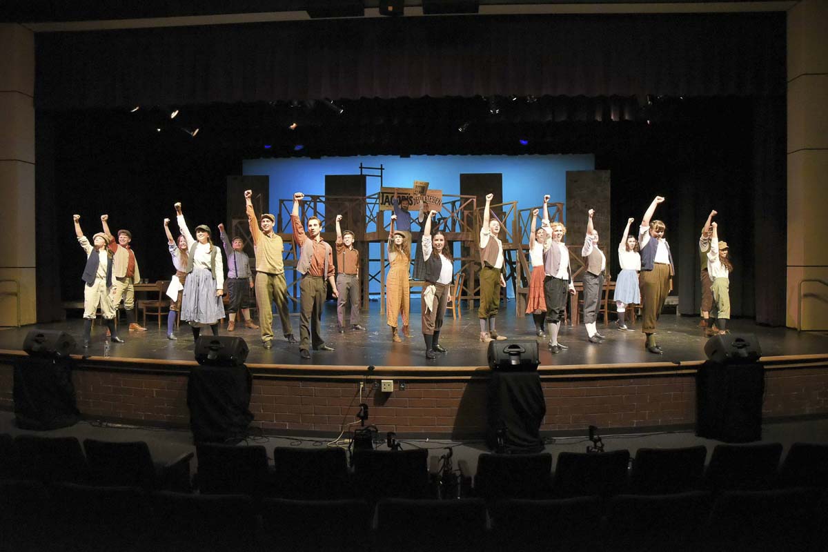 The 2019 community cast of Newsies is seen here during a dress rehearsal last summer. The production has been nominated for seven PAMTAs. Photo courtesy of Journey Theater