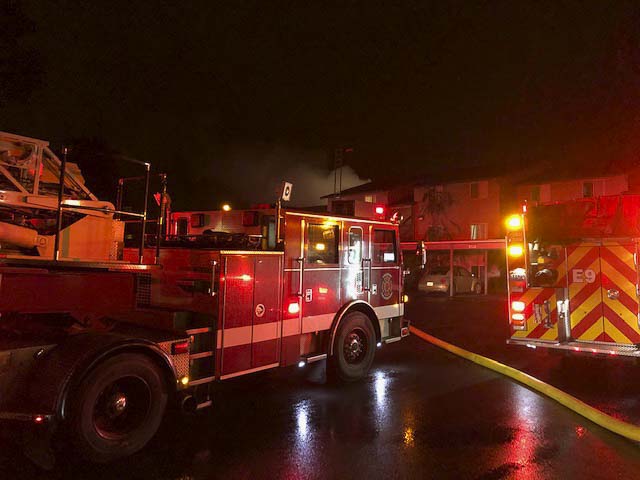 Late Saturday night, the Vancouver Fire Department responded to a two-alarm fire in the apartment building at 900 SE Park Crest Drive in Vancouver. Photo courtesy of Vancouver Fire Department
