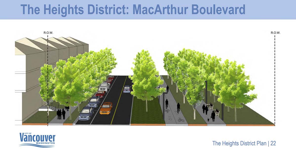 One concept of a realigned MacArthur Blvd through the redeveloped Heights District in Vancouver. Image courtesy Vancouver Department of Community and Economic Development