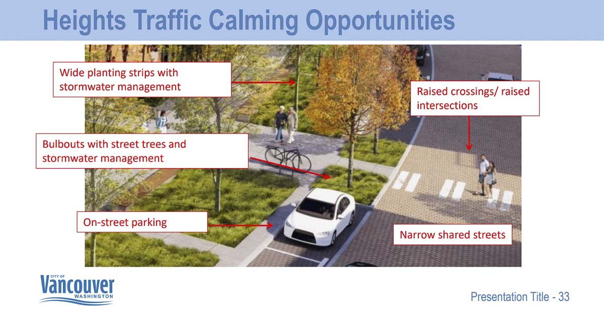The city is exploring various ways to keep traffic from moving quickly through the fully developed Heights District redevelopment. Image courtesy Vancouver Department of Community and Economic Development