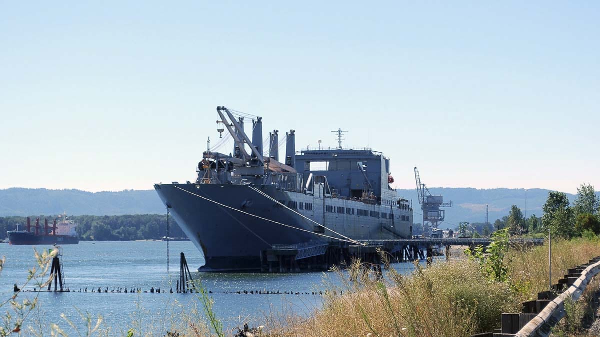 The USNS Brittin and its approximately 30-member civilian crew will be docked at the Port of Vancouver’s terminals 13 and 14 and at 951 feet in length, will offer an impressive sight to river users and those able to view it from the Oregon side of the Columbia River. Photo courtesy of Port of Vancouver USA