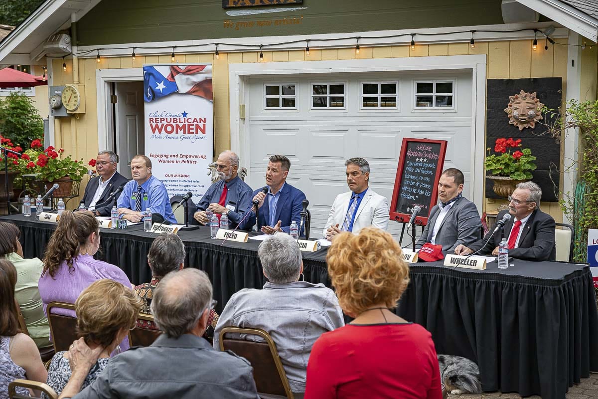 The seven Republican candidates for governor debate at Shangri-La Farms in Camas on Thursday. Photo by Mike Schultz