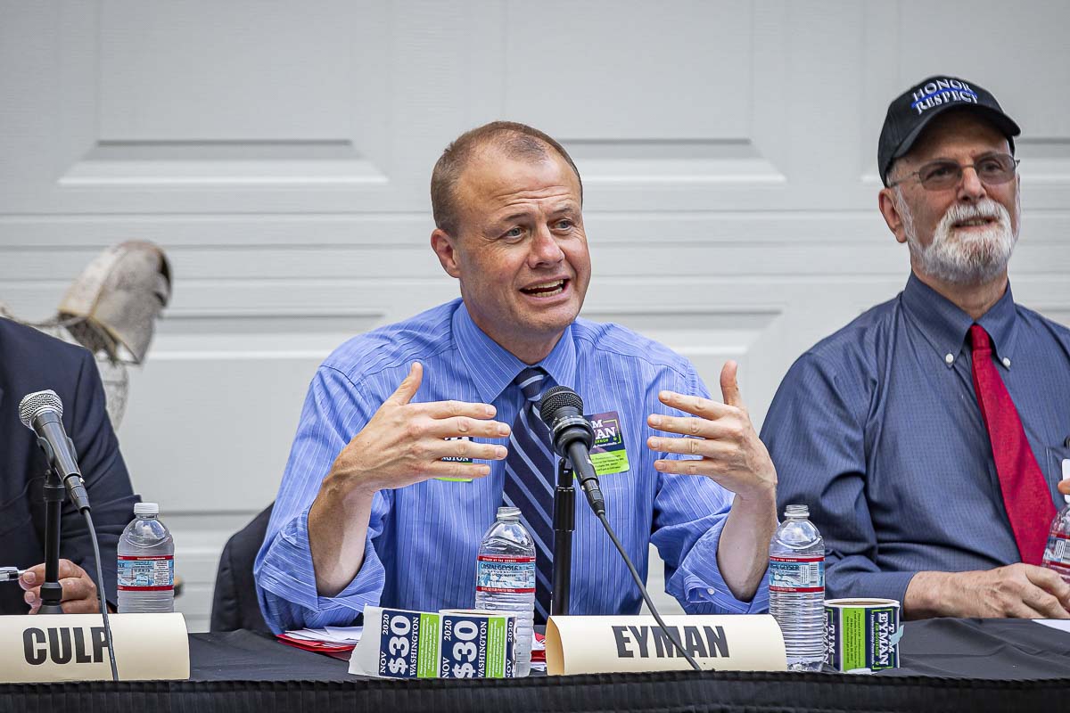 Anti-tax activist Tim Eyman speaks at a Republican Gubernatorial Debate in Camas on Thursday. Photo by Mike Schultz