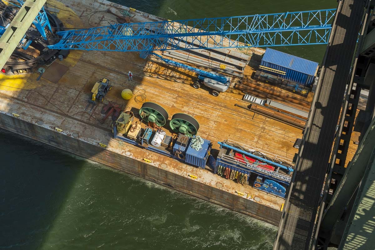 Massive sheaves and other replacement parts for the Interstate Bridge northbound span are barged up the Columbia River on Aug. 4. Photo courtesy Oregon Dept. of Transportation