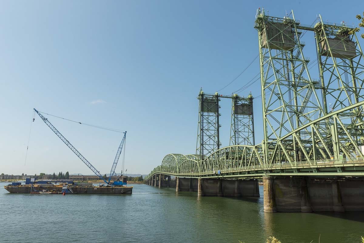 A barge carries replacement parts for the Interstate Bridge northbound span up the Columbia River on Aug. 4. Photo courtesy Oregon Dept. of Transportation