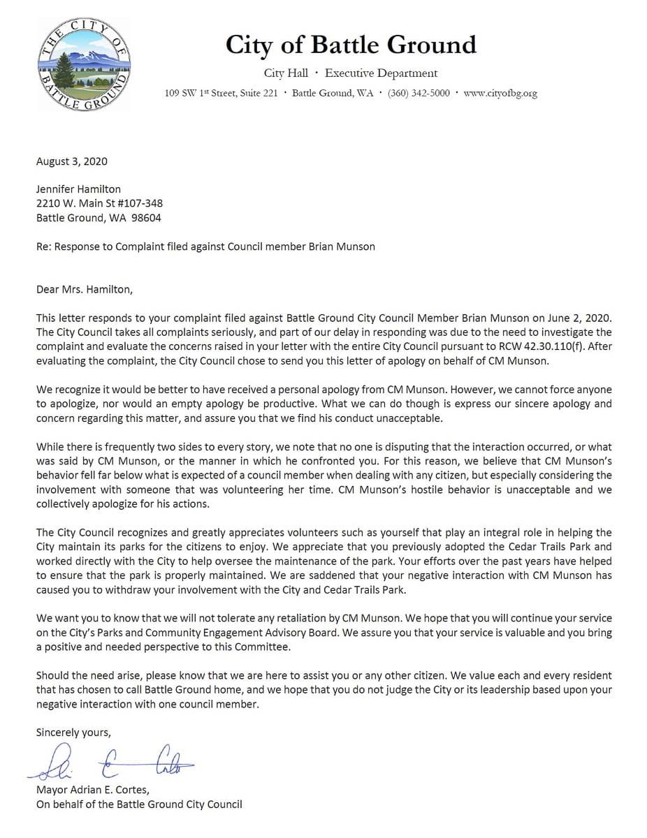This letter of apology to Jennifer Hamilton was approved by Battle Ground City Council members, minus Brian Munson, on Aug. 3. Click to view PDF.