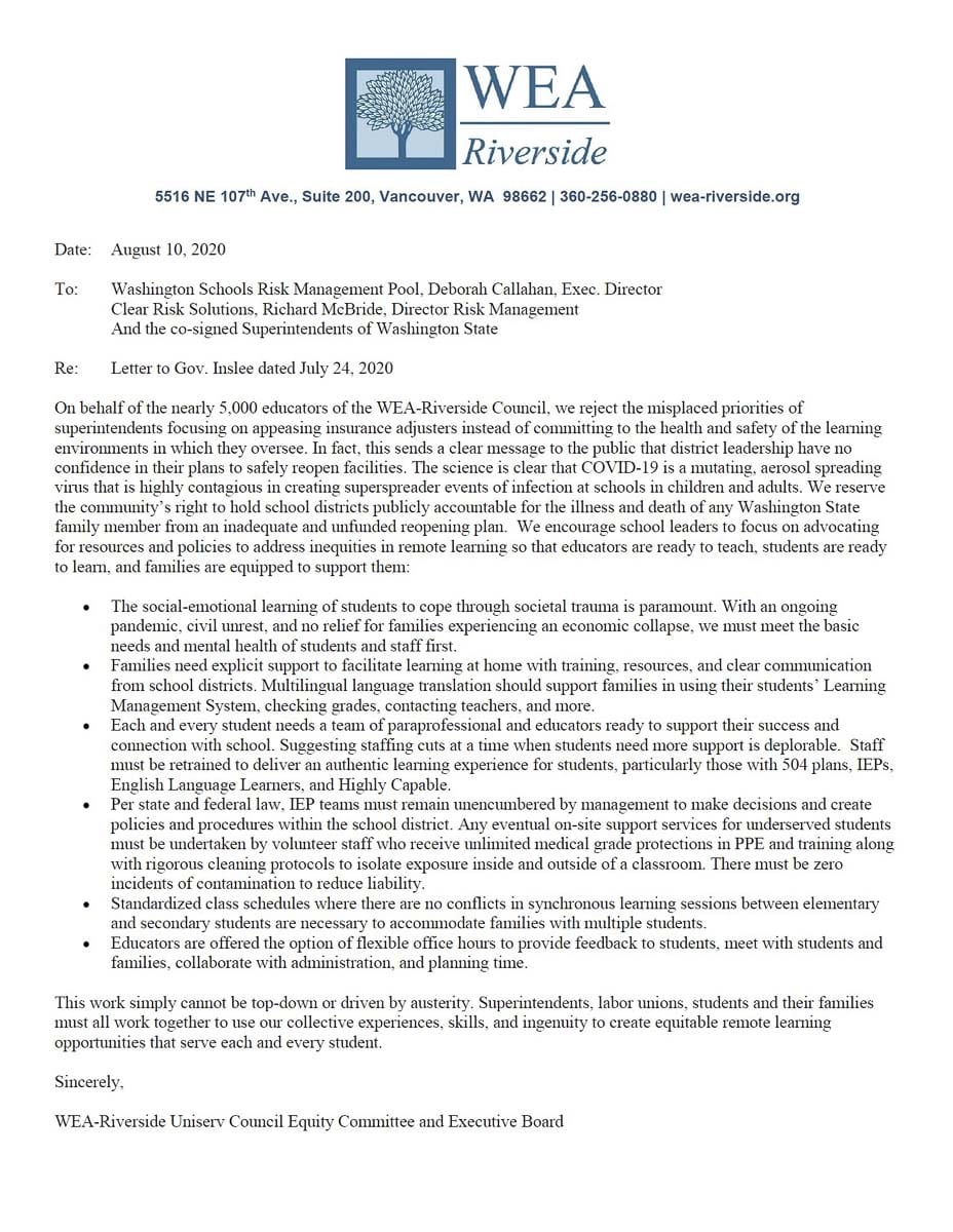 A large number of school superintendents from around Washington state, including four from Clark County, recently signed a letter sent to Gov. Jay Inslee asking for the governor to issue an Executive Order protecting schools from COVID-19 liability.