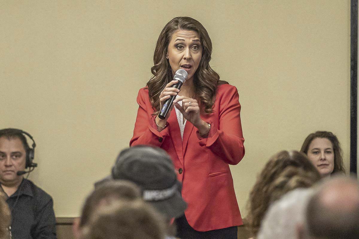 Congresswoman Jaime Herrera Beutler speaks during a debate in 2018. She will be facing off against Carolyn Long again this year. Photo by Mike Schultz
