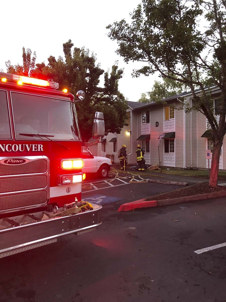 At 5:52 a.m. Saturday, the Vancouver Fire Department was dispatched to an apartment fire at 2900 General Anderson Avenue, the site of the Market Place Apartments. The VFD sent three fire engines and two ladder trucks and two battalion chiefs to the fire. Photo courtesy of Vancouver Fire Department