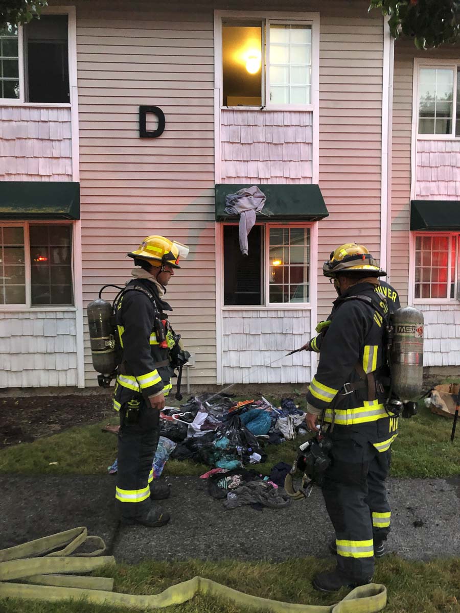 The resident of the apartment was able to break into a fire extinguisher cabinet and get an initial hit on the fire until firefighters could arrive. These actions greatly reduced the size and extent of the fire. Photo courtesy of Vancouver Fire Department