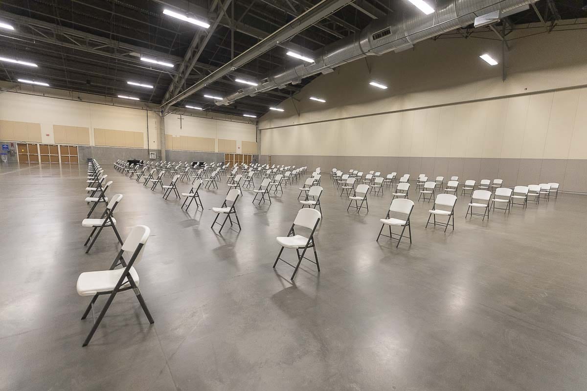 Potential jurors will be safely spaced out in a staging area before they are called to one of two courtrooms set up at the Clark County Event Center at the Fairgrounds. Photo by Mike Schultz