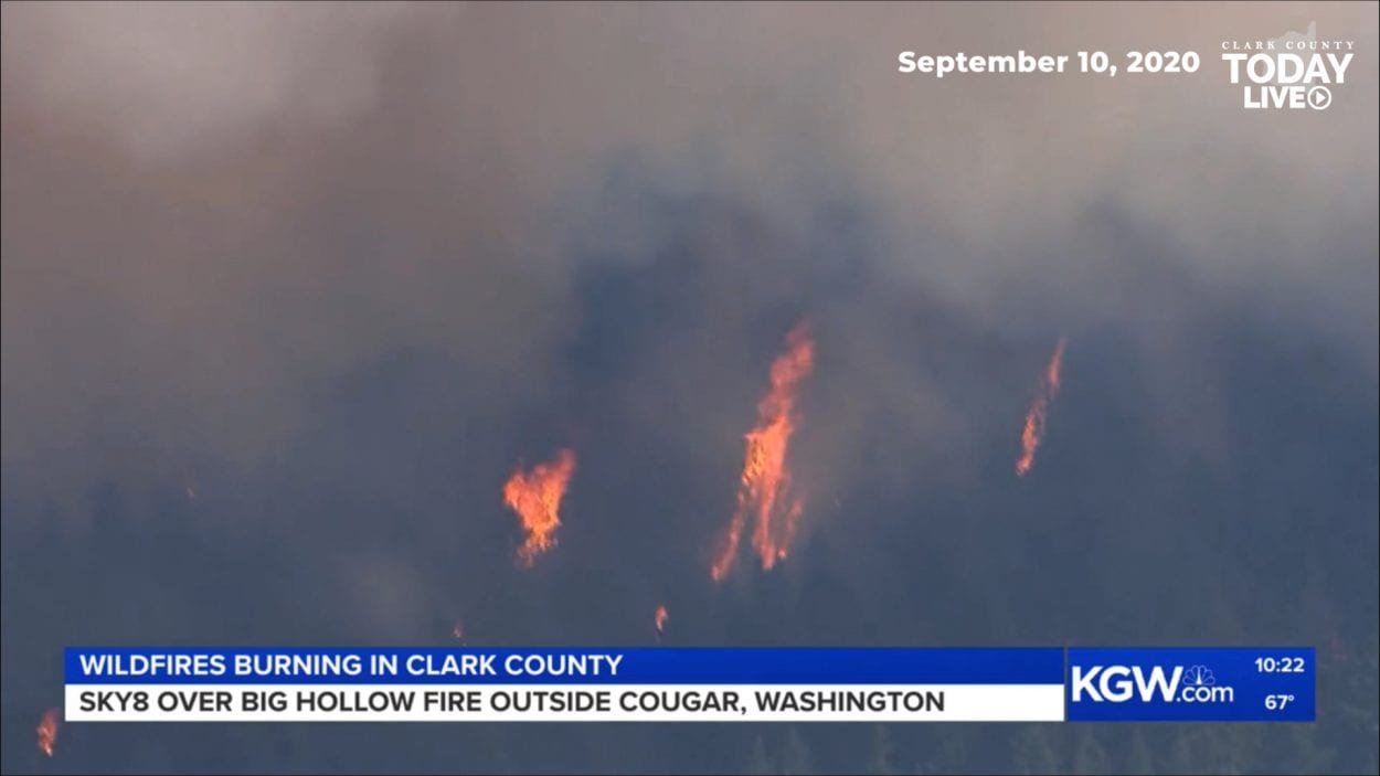 Burning trees and massive plumes of smoke mark the scene of the Big Hollow Fire, which has covered more than 12,000 acres southwest of Cougar. Photo courtesy KGW.com/Sky8