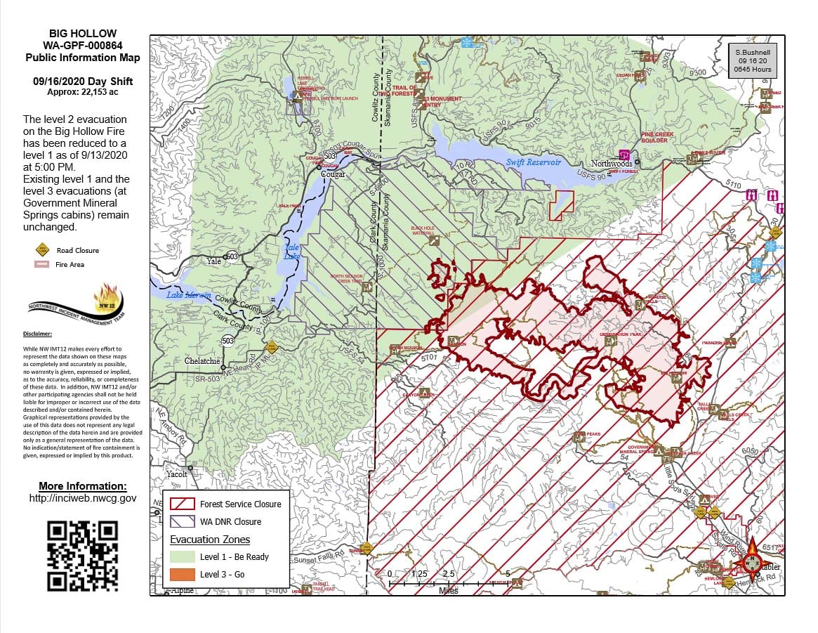 A map showing where the Big Hollow fire is burning, and closures for DNR lands and the Gifford Pinchot National Forest. Photo courtesy Northwest Incident Management Team 12