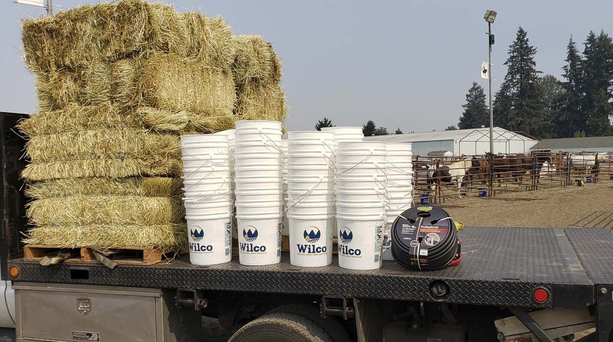 Wilco and other companies donated hay, buckets and other supplies as the Clark County Saddle Club brought in horses from evacuated areas in the Northwest. Photo by Paul Valencia