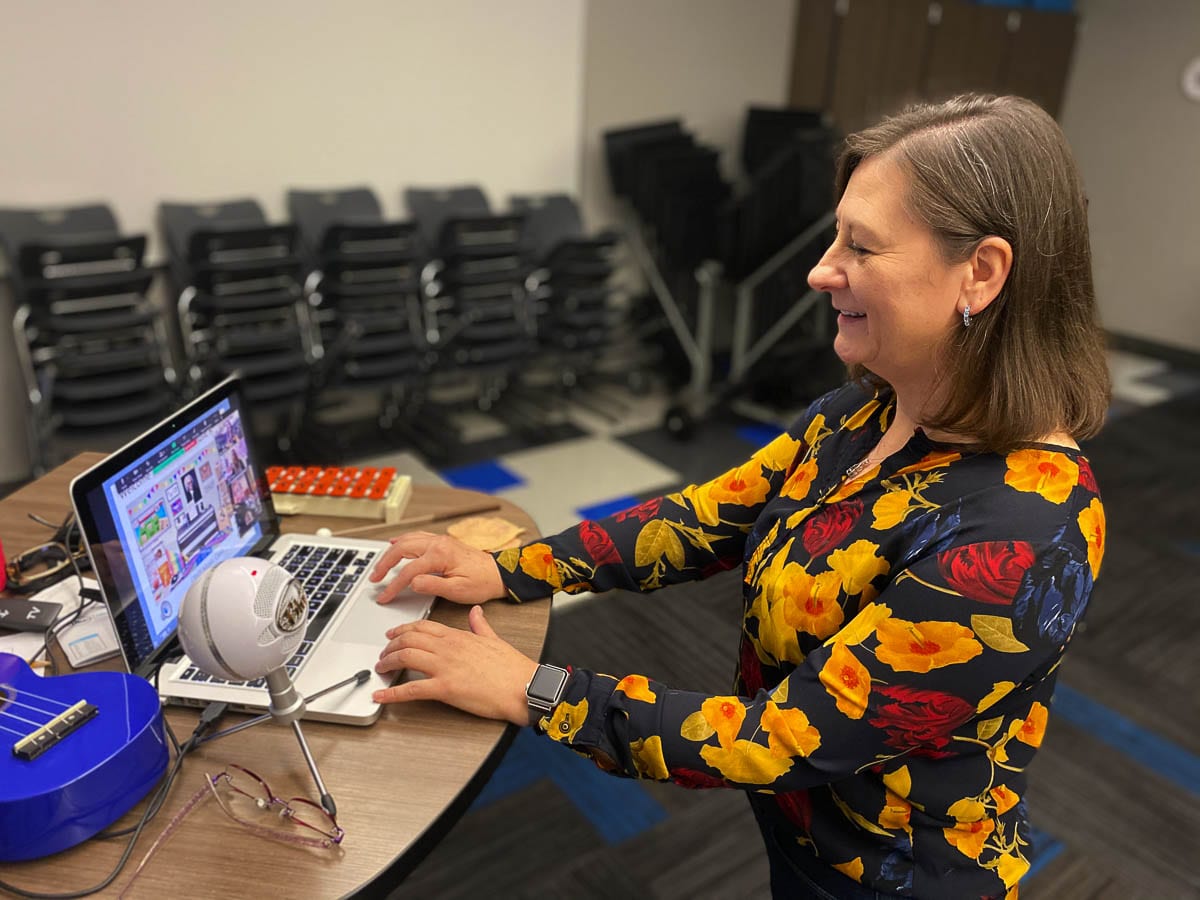 Music teacher Amy Switzer leads an online class inside Columbia River Gorge Elementary School in Washougal. Photo courtesy Washougal Public Schools