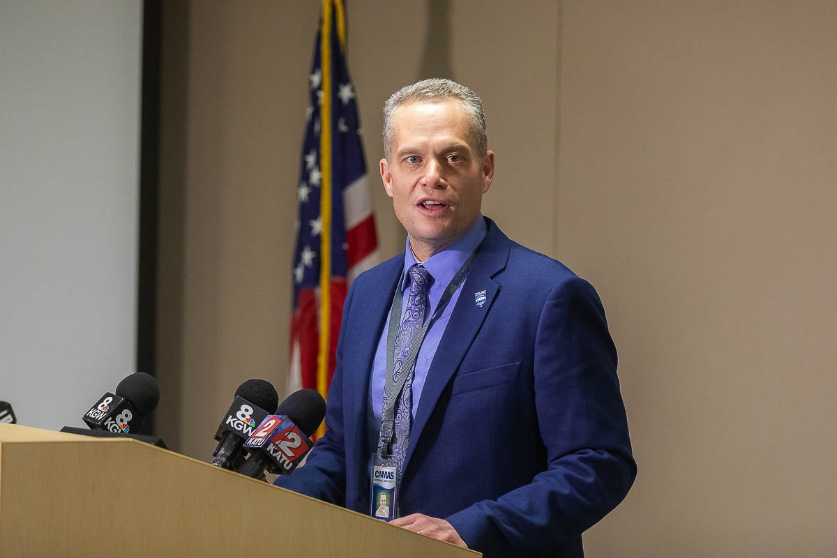 Camas School Superintendent Jeff Snell addresses the media in February regarding their response to the COVID-19 pandemic and how the district would deal with school instruction for the remainder of the spring. Photo by Mike Schultz.