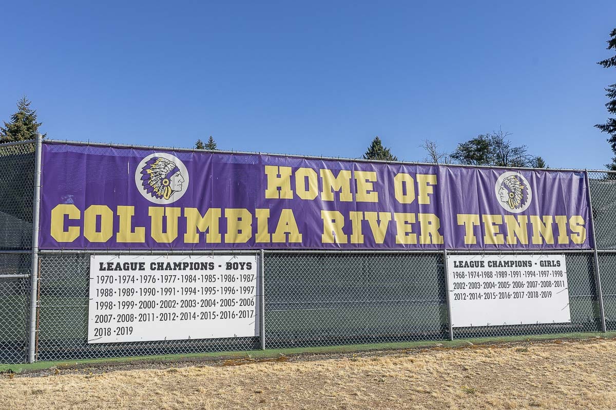 Columbia River High School still has some imagery of Native American logos across its campus. In recent years, the school is moving toward using CR instead of a human as its logo. The school might be changing its mascot and logo soon. Photo by Mike Schultz