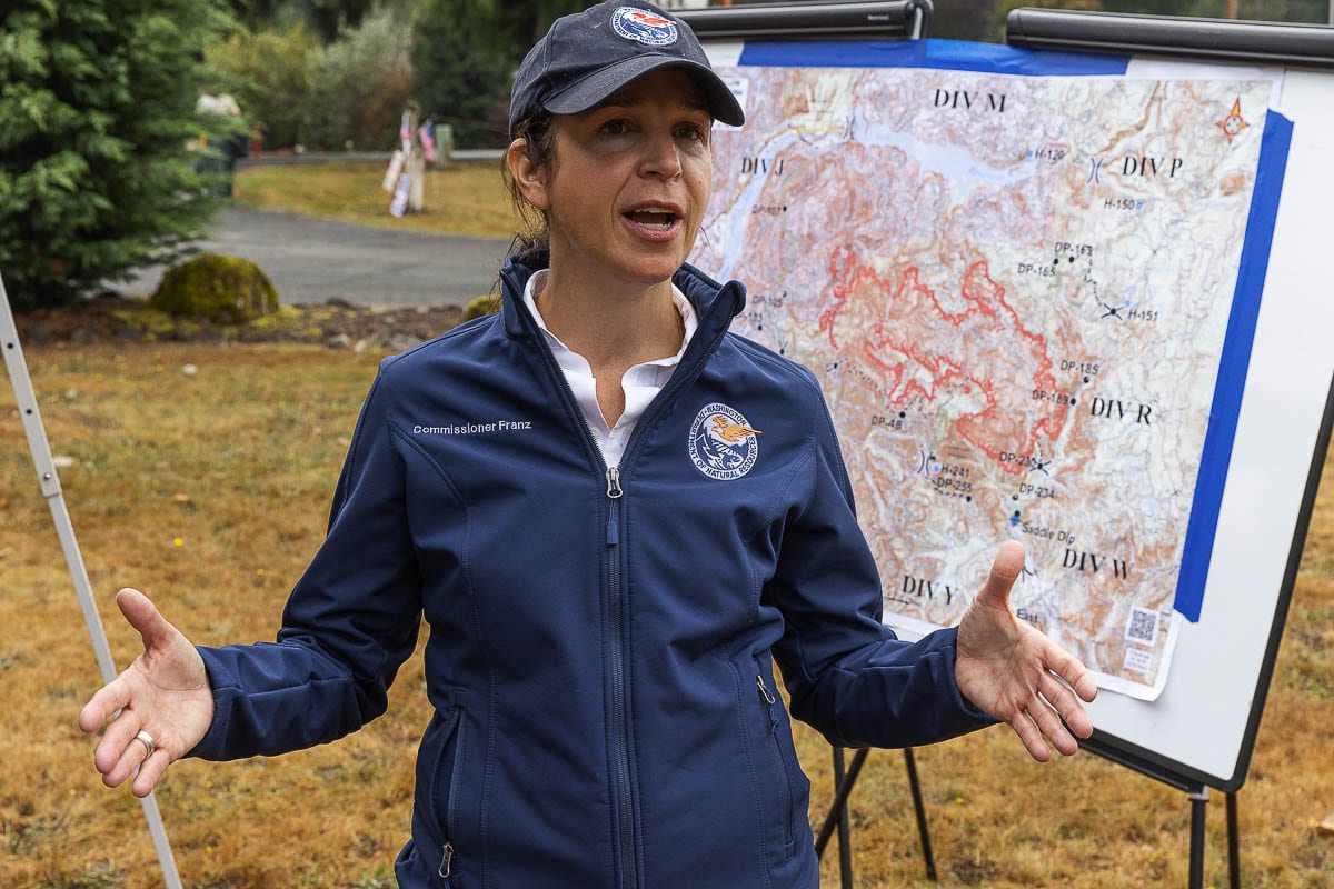 Washington Commissioner of Public Lands Hilary Franz appeared at a press conference last Friday at Amboy Territorial Days Park where she updated area residents on the Big Hollow Fire that was threatening homeowners in both Cowlitz and Clark counties. Photo by Mike Schultz