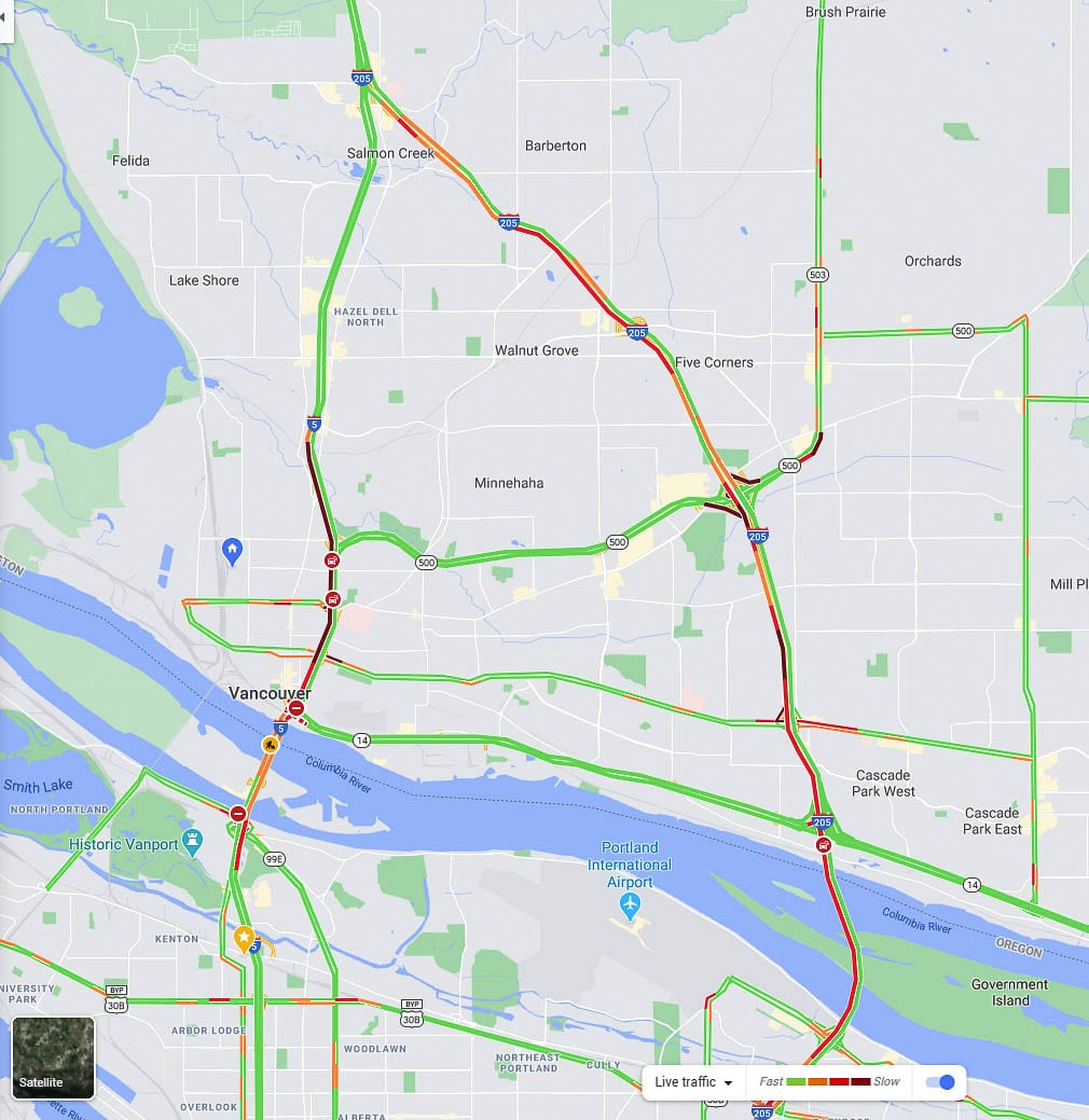Traffic on Friday afternoon was the worst since the Sept. 19 closure of the Interstate Bridge northbound span on I-5. Image via Google Maps