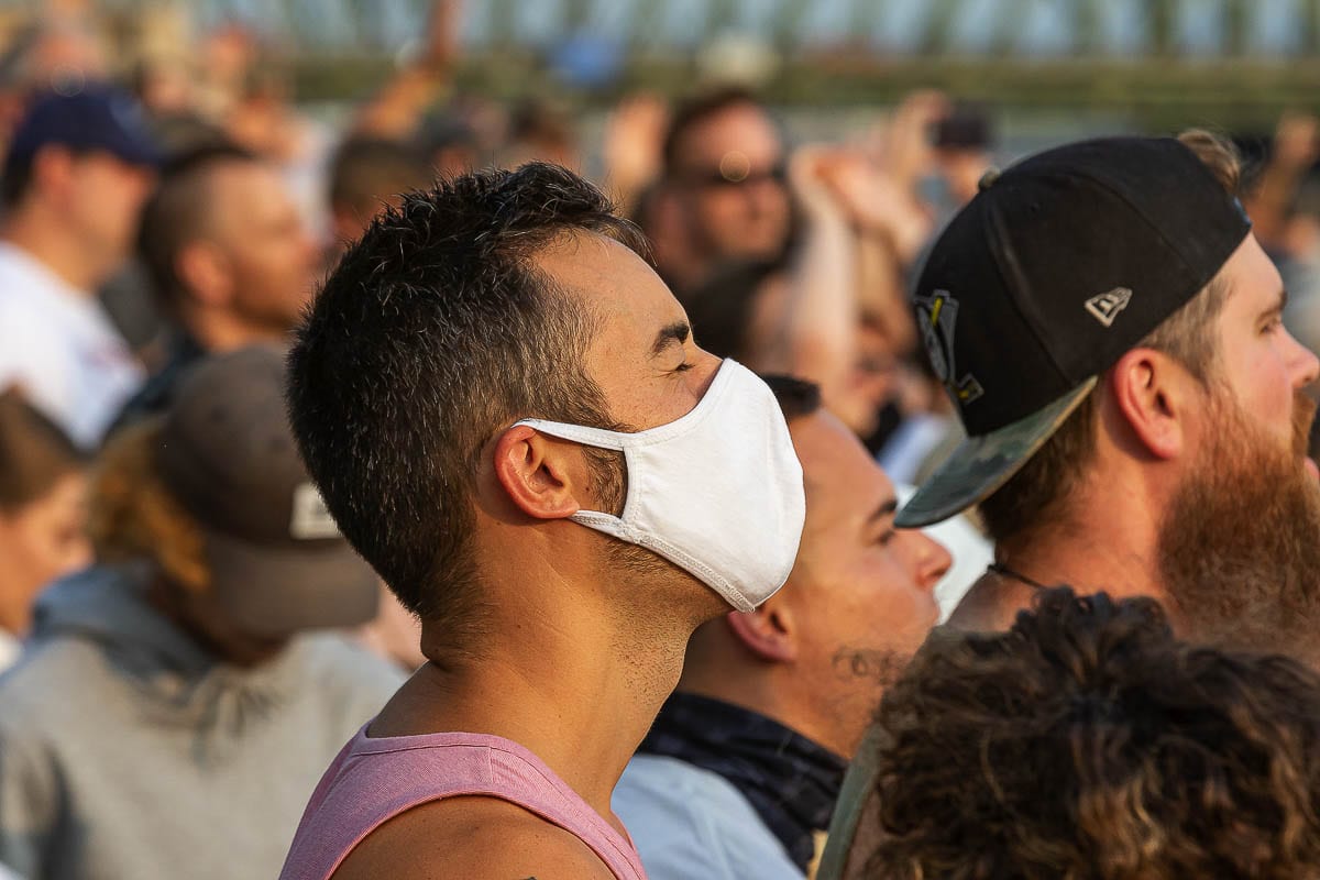 An estimated gathering of about 2,000 attended a Let Us Worship event Sept. 4 at the Vancouver Waterfront. Some of those who attended the event wore a mask, but many did not. Photo by Mike Schultz