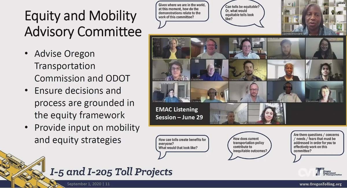 ODOT Tolling Program Director Lucinda Broussard gives a virtual presentation to the SW Washington Regional Transportation Council on the Equity and Mobility Advisory Committee working on the I-205 tolling project. Photo courtesy CVTV.org