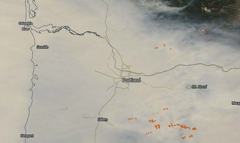 A satellite image from NASA’s Worldview service shows heavy smoke blanketing NW Oregon and SW Washington. Image courtesy NASA.gov