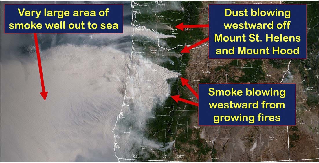 A satellite image shows smoke from wildfires and dust from Mt. St. Helens and Mt. Hood blowing east by strong winds. Image courtesy National Weather Service