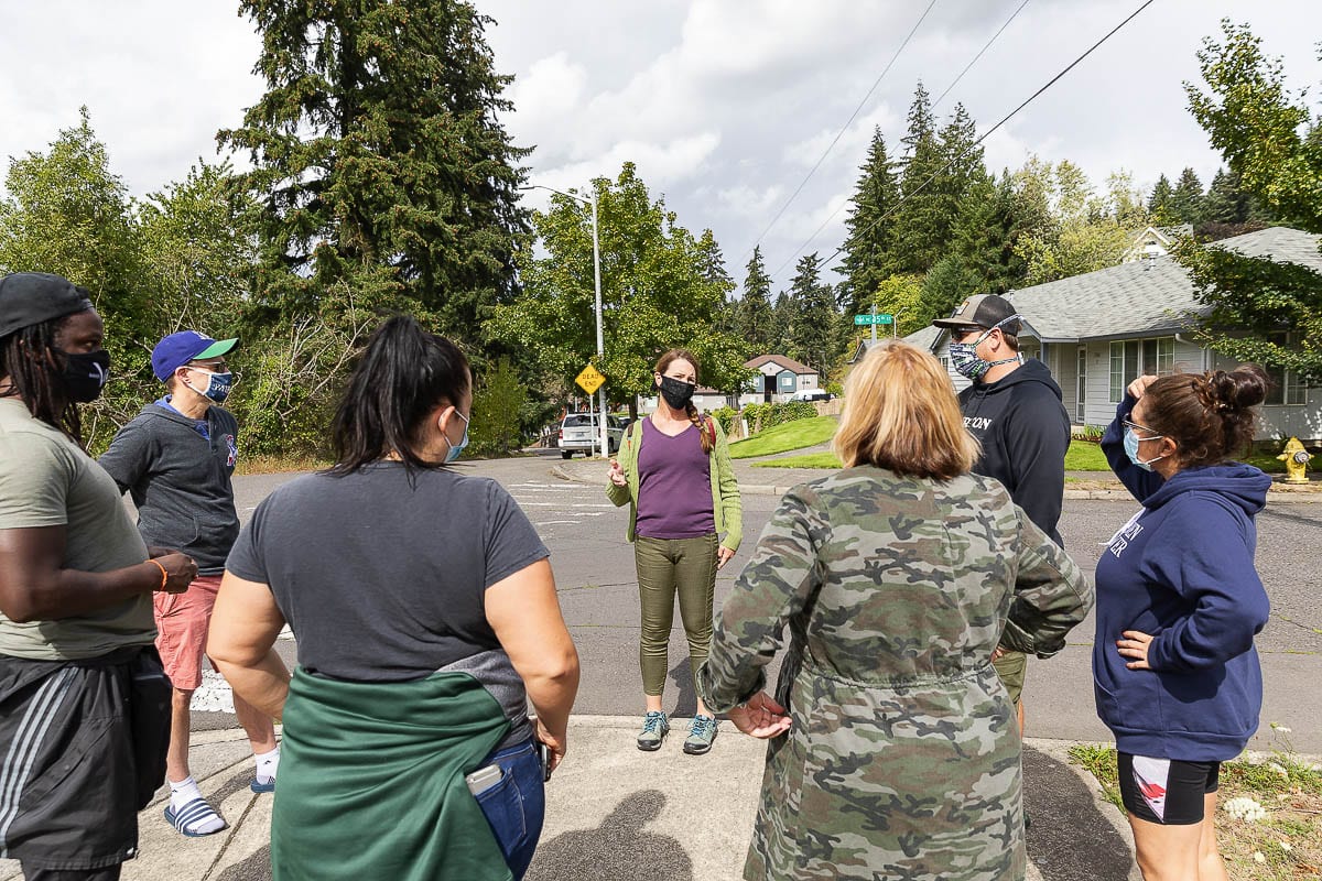 Council Member Sarah Fox met with a group of homeowners Thursday near Leverich Park. She told them help would be on the way. Homeowners have contacted city leaders in regard to the growing problem of homeless camps at and around the park. Photo by Mike Schultz