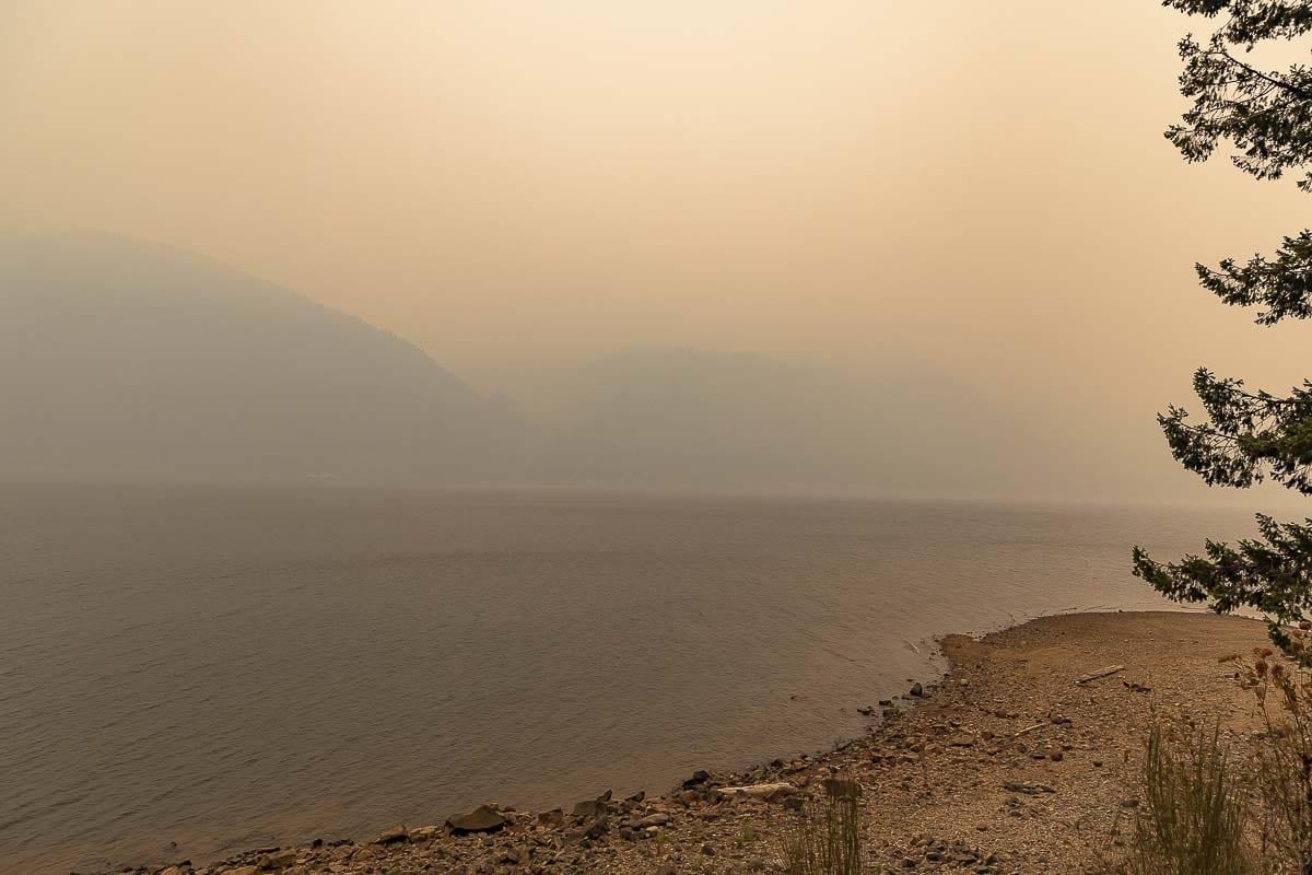 Dense smoke obscures the view across Yale Lake from the boat launch on Friday. Photo by Mike Schultz