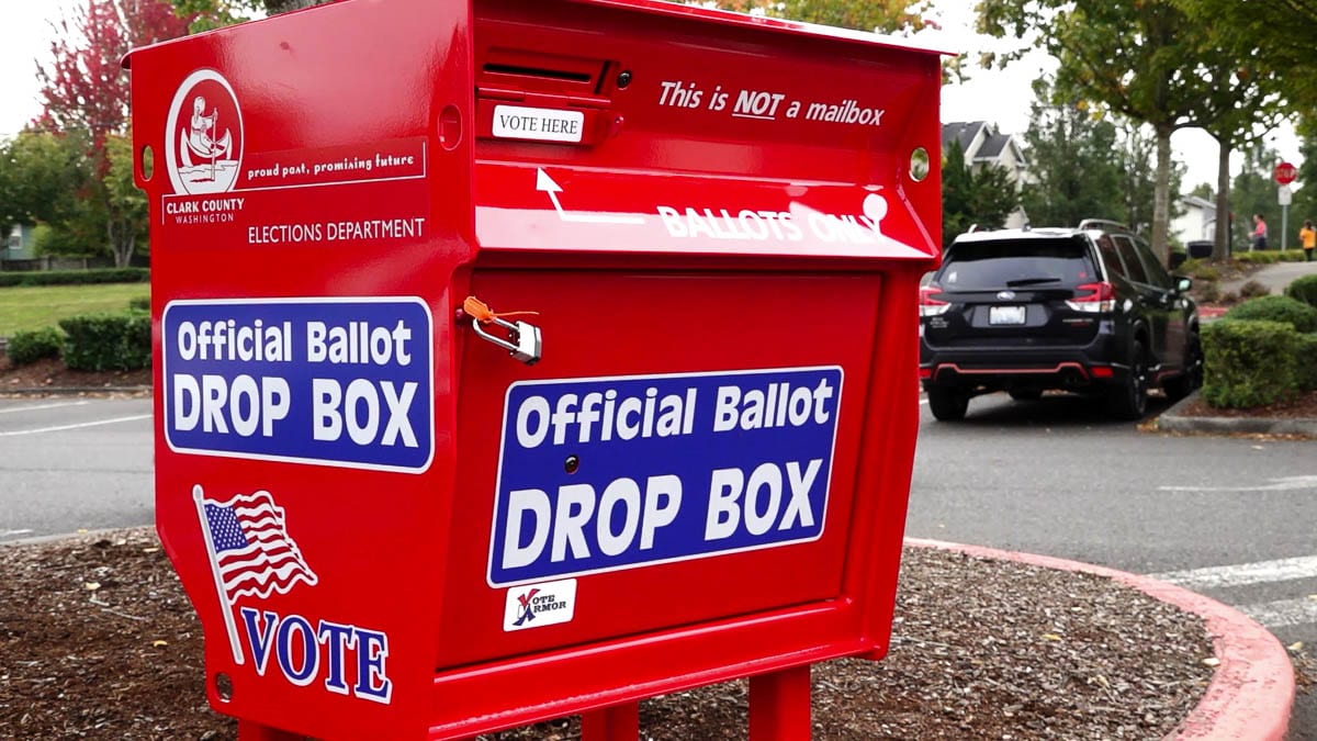 A ballot drop box in Hazel Dell, one of 22 total now open 24 hours a day around the county. Photo by Mike Schultz