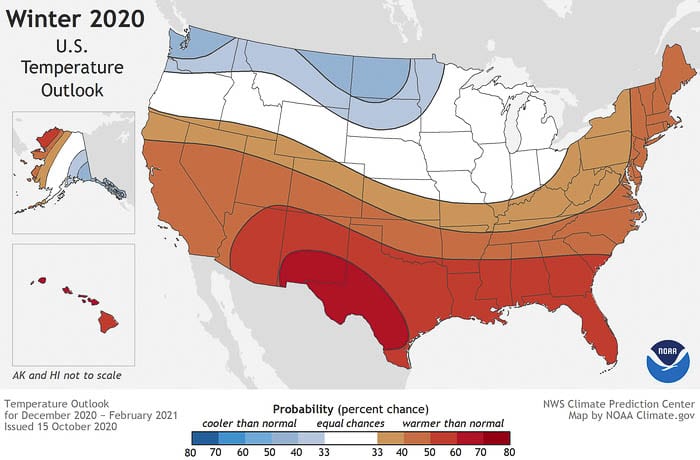 Cooler and wetter weather is expected throughout much of the northern US, according to the NOAA Winter weather outlook. Image courtesy National Oceanic and Atmospheric Administration