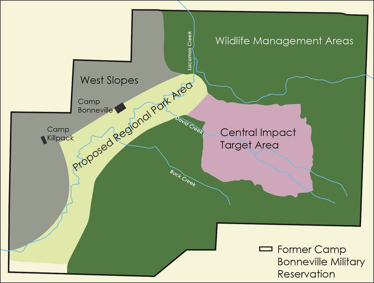A map showing the planned area for a regional park at Camp Bonneville, as well as the cleanup area. Image courtesy US Army