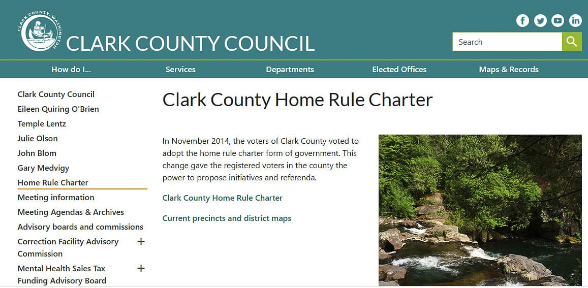 The Clark County Charter calls for a review five years after the adoption of the charter. Voters will elect 15 members of a Charter Review Commission this November. Graphic from Clark County webpage.