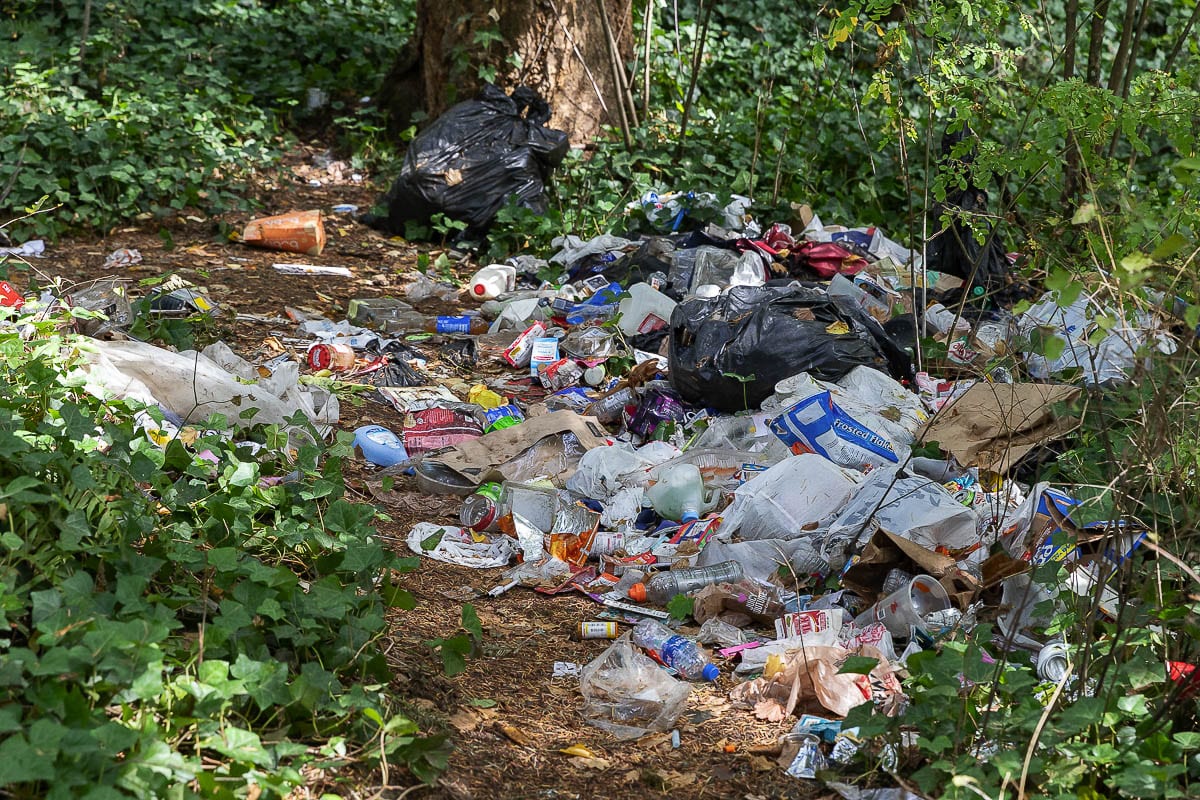 An abandoned campsite near the Ellen Davis Trail, close to Leverich Park, was full of garbage. A neighborhood group cleaned this site on Sunday, finding and discarding more than 50 hypodermic needles. Photo by Mike Schultz