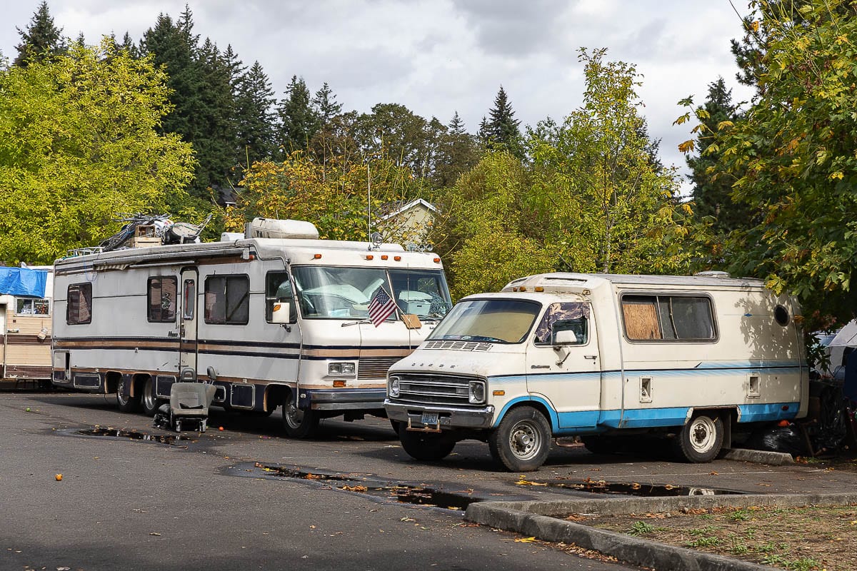RVs and campers have taken over a parking lot near Leverich Park as homeless encampment has grown in recent weeks. Photo by Mike Schultz