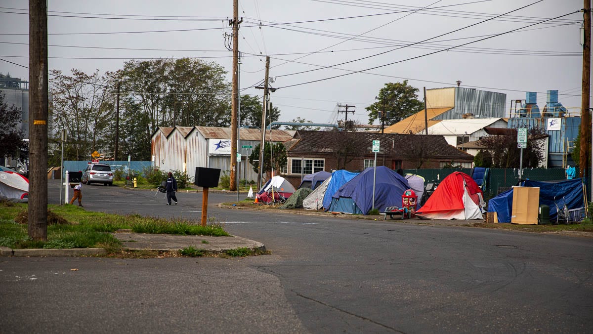 A homeless encampment across from Share House is seen here. According to neighbors, it has been far larger at times. Photo by Jacob Granneman