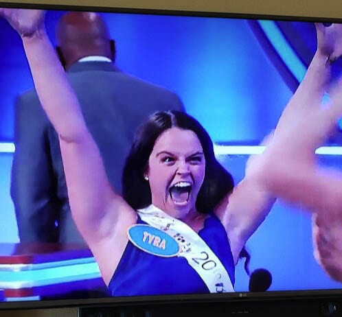 And on her 20th birthday, Tyra Schroeder was celebrating again, this time on the Family Feud. Photo courtesy Scroeder family