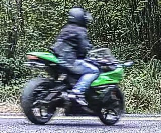 This motorcycle rider is a person of interest in a shooting that took place in the 24500 block of NE Rawson Rd in Brush Prairie. The shooting took place at about 2 p.m. on Thu., Oct. 8. Photo courtesy of Clark County Sheriff’s Office