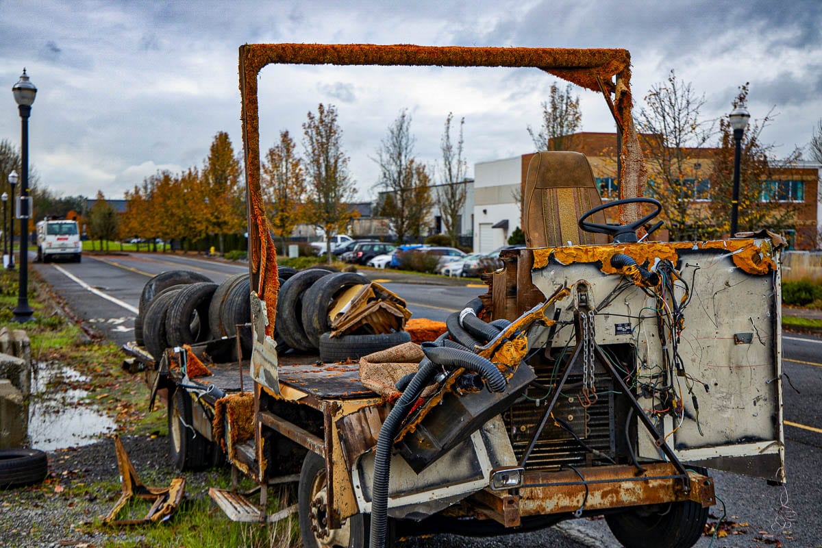 A derelict truck sits along SE 17th Street, east of Commerce Ave. in Battle Ground. Photo by Chris Brown