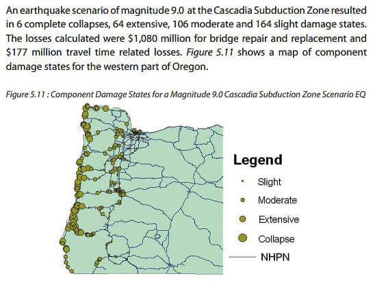 This 2009 ODOT graphic shows potential damage around Oregon due to a 9.0 Cascadia Subduction Zone earthquake. Graphic from ODOT