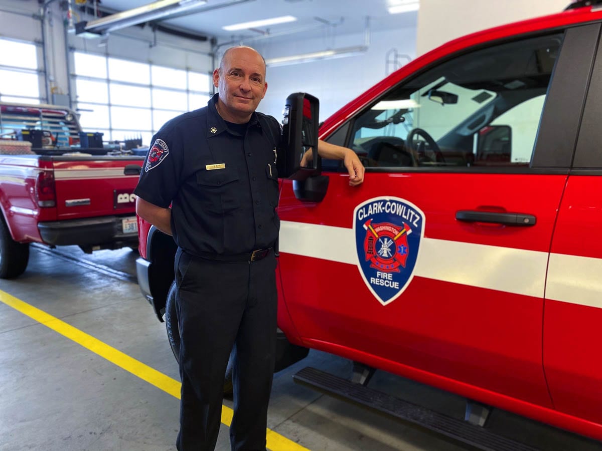 Chief John Nohr is shown here with the new battalion chief vehicle. Photo courtesy of Clark-Cowlitz Fire Rescue
