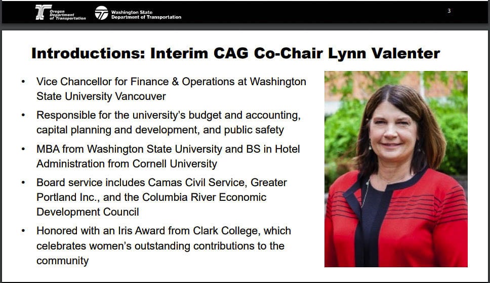 Lynn Valenter of WSU Vancouver will co-chair a 25-member Citizens Advisory Group providing input to the Executive Steering Committee of the I-5 Bridge Replacement Program. Graphic from ODOT/WSDOT
