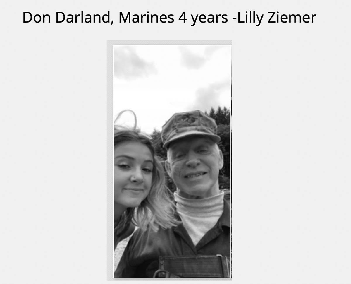 Ridgefield High School's ASB students created a slideshow featuring students with family members who had served in the military, including Lilly Ziemer and Don Darland. Photo courtesy of Ridgefield School District