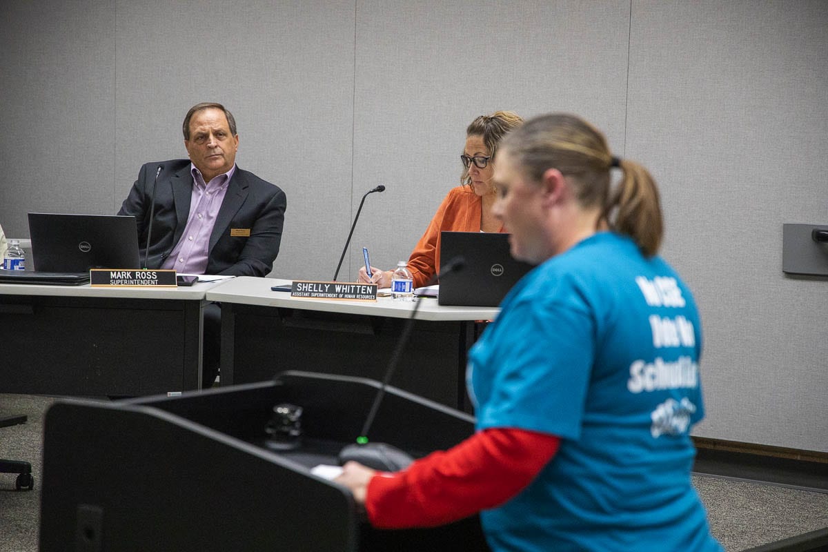 Battle Ground Public Schools Superintendent Mark Ross (background) listens during public testimony regarding Comprehensive Sexual Education curriculum in 2019. Photo by Mike Schultz