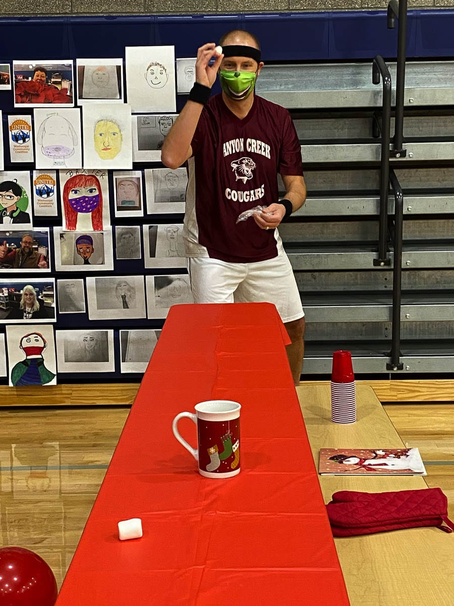 Canyon Creek Middle School principal Brian Amundson takes aim in the Marshmallow Toss Challenge. Photo courtesy of Washougal School District