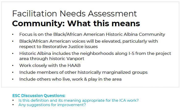 Multiple groups will be formed for community engagement and input. A key part will be addressing the divide created in the Albina community. Graphic by RQIP