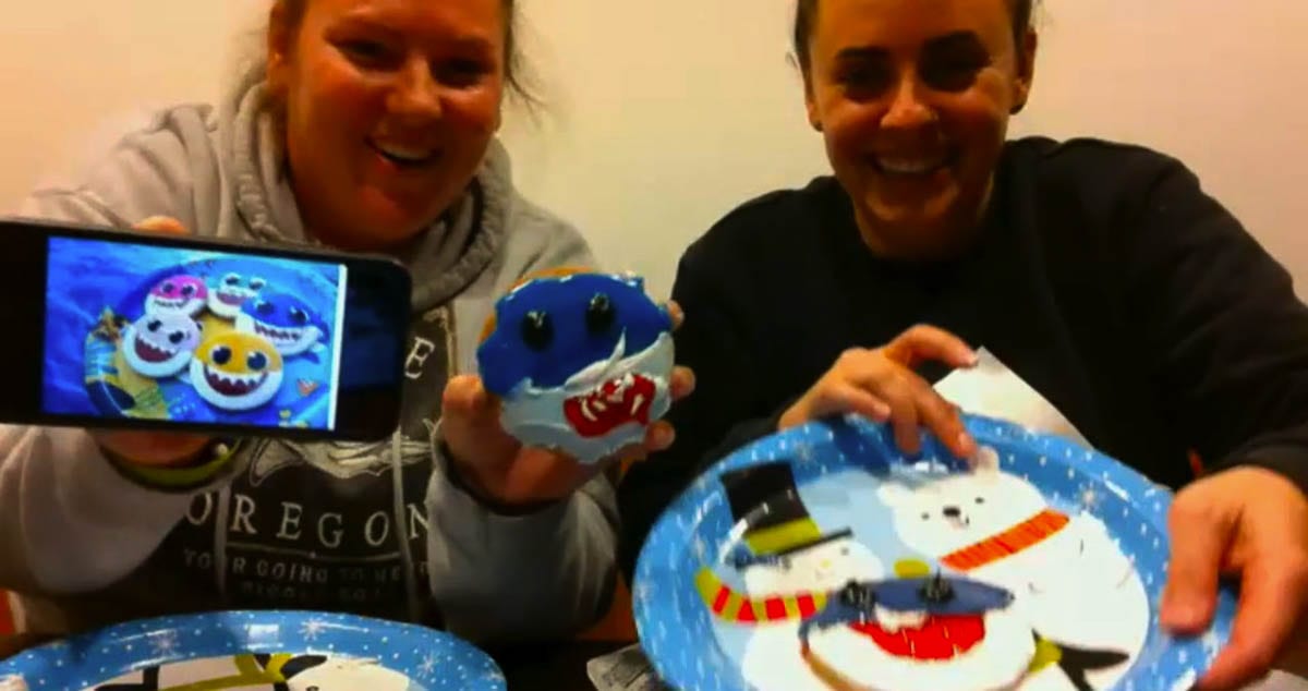 Paraprofessional, Nicole Colpron, and her friend, Ariel, made shark cookies. Photo courtesy of Ridgefield School District