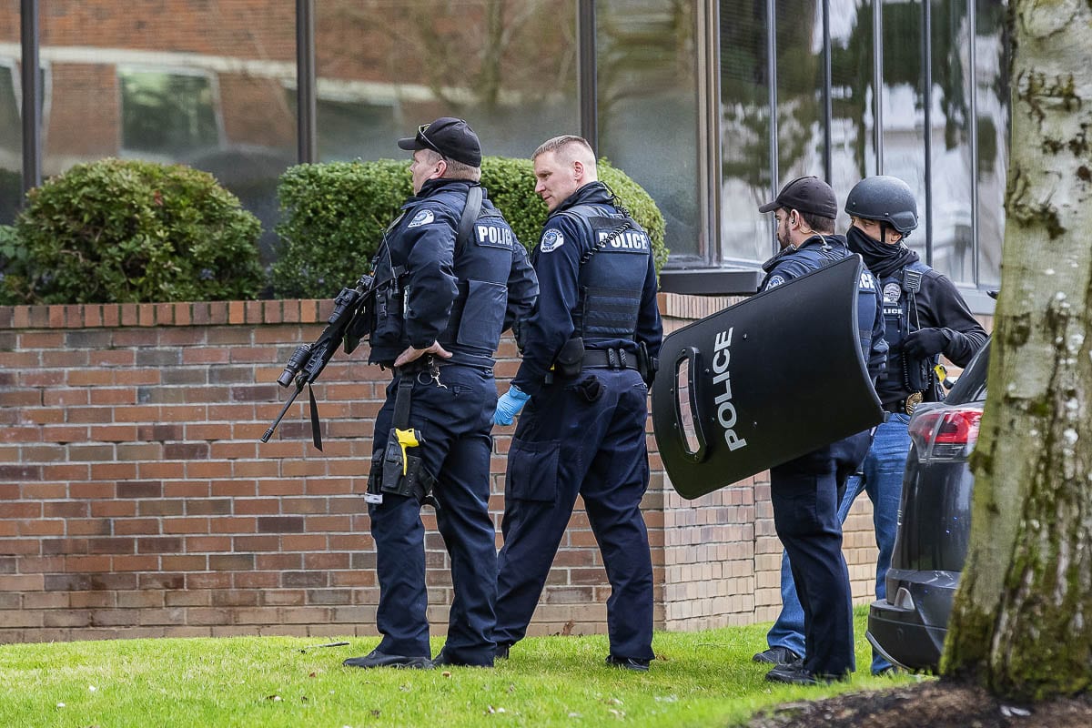 Just after 1 p.m. Tuesday, police were called to a reported shooting at 505 NE 87th Avenue in Vancouver, WA., a medical facility adjacent to PeaceHealth Southwest Medical Center. Photo by Mike Schultz
